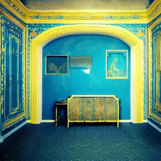 Prompt: a black nightmare in a blue and gold haunted liminal abandoned room, film still by wes anderson, limited color palette, very intricate, art nouveau, highly detailed, strong lights, liminal, eerie, bright pastel colors