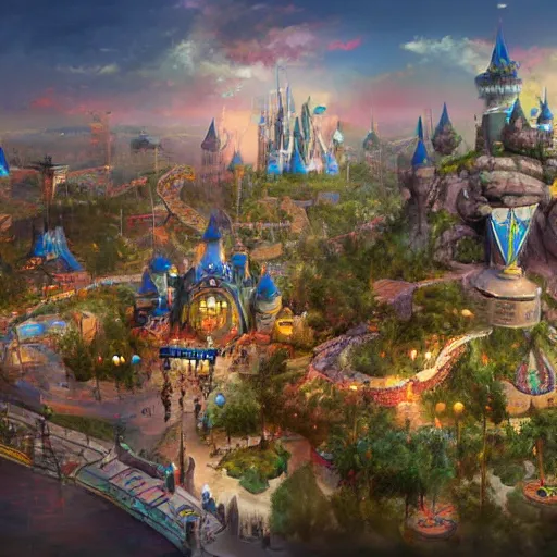 Image similar to concept art of new disney theme park, highly detailed, artstation