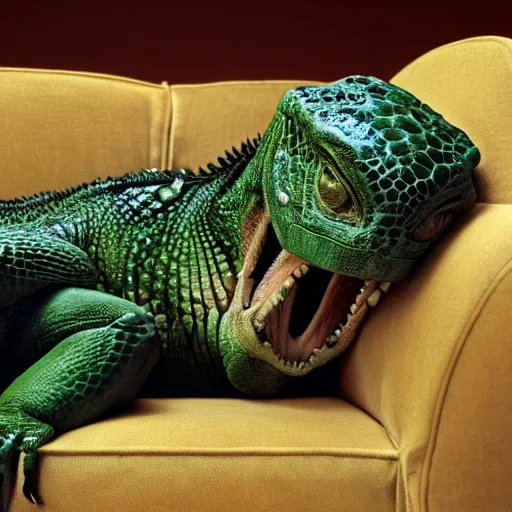 Image similar to humanoid reptile sitting on a couch, National Geographic photo, coherent like Dall-E 2