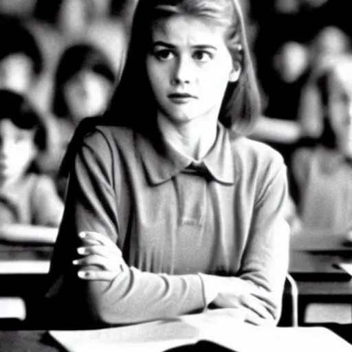 Prompt: a beautiful female teacher, film still from an obscure 1980s movie