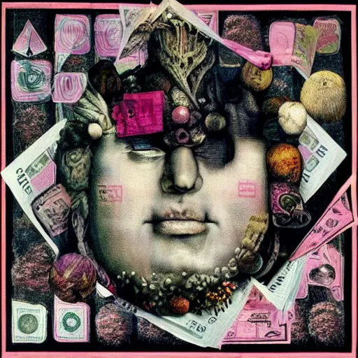 Image similar to post - punk new age album cover, white fabric banner on the top, asymmetrical design, dollar bank notes, capitalism, magic, apocalypse, psychedelic, black white pink, magic, giger h. r., giuseppe arcimboldo