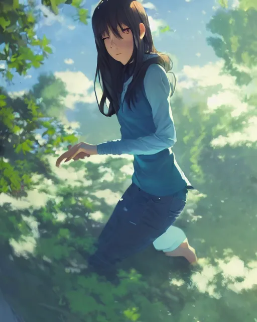 Image similar to a girl wearing a blue and green outfit that looks like earth, full shot, atmospheric lighting, detailed face, by makoto shinkai, stanley artgerm lau, wlop, rossdraws
