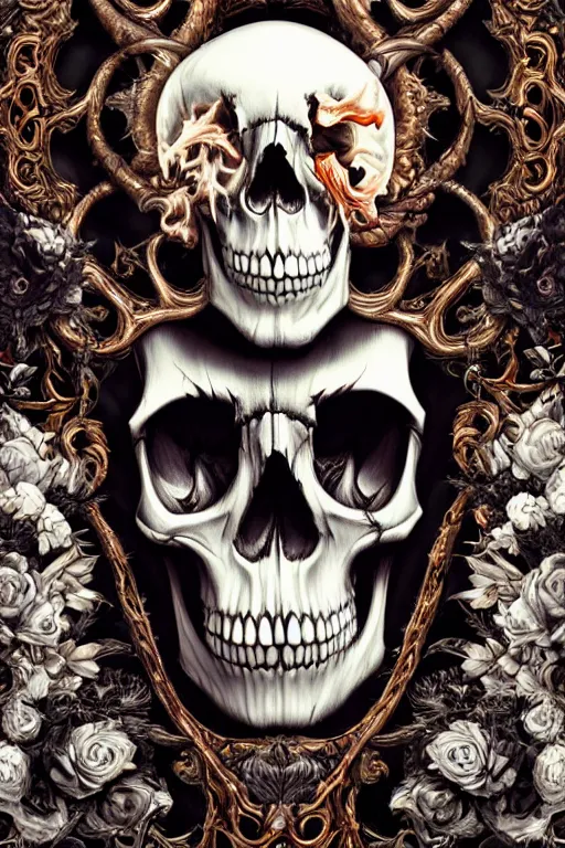 Prompt: skull grim reaper, white rose, white magic effect smoke, kodachrome, 2 d, ray tracing global illumination, insanely detailed and intricate, hypermaximalist, elegant, ornate, hyper realistic, super detailed, by wangechi mutu