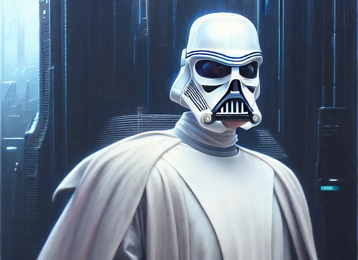 Image similar to portrait shot of a white darth vader in cyberpunk 2 0 7 7, intricate, elegant, highly detailed, centered, digital painting, artstation, concept art, smooth, sharp focus, illustration, artgerm, tomasz alen kopera, peter mohrbacher, donato giancola, joseph christian leyendecker, wlop, boris vallejo