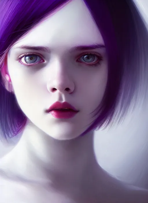 Image similar to portrait of teenage girl, red irises, bangs, black and white hair, white bangs, purple clothes, white bangs, two color hair, black hair and white bangs, intricate, elegant, glowing lights, highly detailed, digital painting, artstation, concept art, smooth, sharp focus, illustration, art by wlop, mars ravelo and greg rutkowski