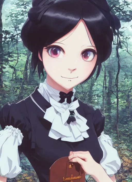 Image similar to a close up of a victorian maid with black bob hairstyle sitting in a forest. cute anime eyes. by makoto shinkai, stanley artgerm lau, wlop, rossdraws, james jean, andrei riabovitchev, marc simonetti, krenz cushart, sakimichan, trending on artstation, digital art.