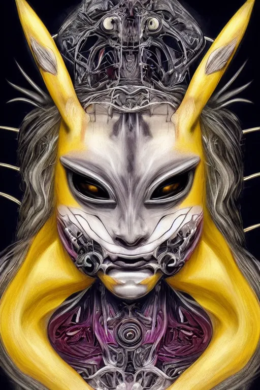 Image similar to Pikachu as painting of majestic chromatic biomechanical anatomical hybrid beautiful ethereal symmetrical neutral black metal corpsepaint mask closeup face tattoo pattern golden ratio concept, Neo-Gothic concept, infinity glyph waves, intricate artwork masterpiece, very coherent artwork, cinematic, full frontal facial features by Artgerm, art by H.R. Giger, Joseph Michael Linsner, Zdizslaw Beksinski, Johnatan Wayshak, Moebius, Ayami Kojima, very anatomically coherent artwork, trending on cgsociety, ultra high quality model, production quality cinema model, high detail chromatic ink outline, octane render, unreal engine 8k, hyper realism, high detail, octane render, unreal engine, 8k, High contrast