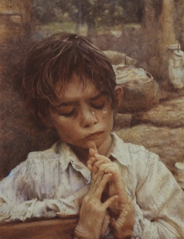 Image similar to peasant boy crying in country house, cottage core, cinematic focus, polaroid photo bleached vintage pastel colors high - key lighting, soft lights, foggy, by steve hanks, by lisa yuskavage, by serov valentin, by tarkovsky, detailed, oil on canvas