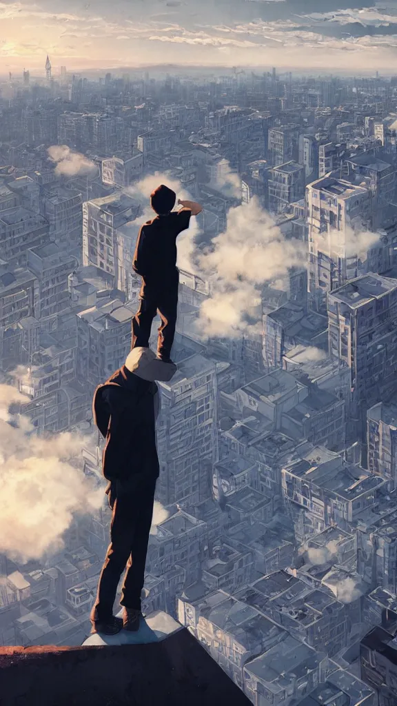 Prompt: Sad gopnik boy in black adidas looking atop of a urban plateau filled with soviet apartment buildings, golden hour, dreamy, beautiful clouds, beautiful lighting, wallpaper, cityscape, beautiful artwork by Makoto Shinkai