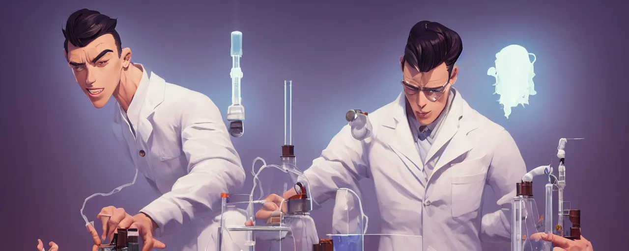 Image similar to stoic heroic emotionless butch young man scientist with short slicked - back hair, making an experiment - wearing white suit, wearing jetpack, digital art, rough paper, behance hd by jesper ejsing, by rhads, makoto shinkai and lois van baarle, ilya kuvshinov, rossdraws global illumination.