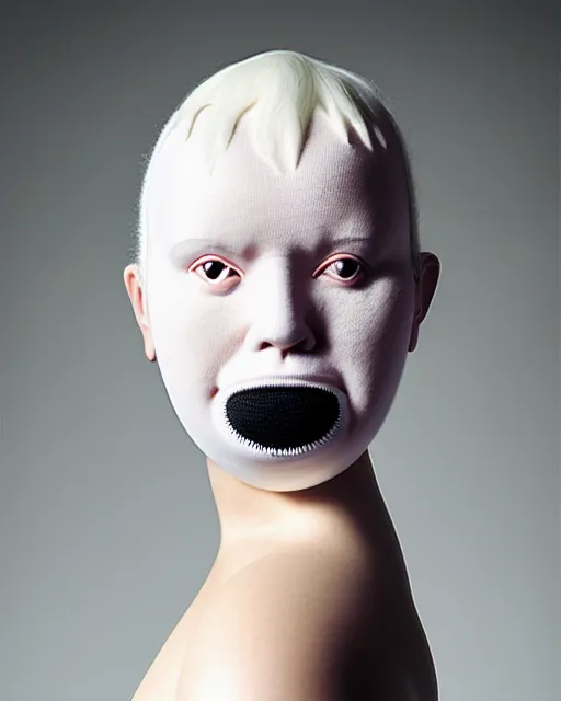Prompt: symmetrical portrait of a curvy woman wearing a silicone embroidered beauty mask and white hair buns, wearing a black bodysuit by alexander mcqueen, cream white background, soft light, biotechnology, humanoide robot, bjork aesthetic, translucent, by rineke dijkstra, intricate details, highly detailed, masterpiece,