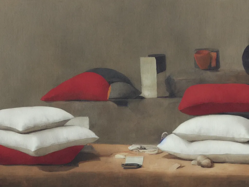 Image similar to still life with a zafu meditation pillow. Painting by Matthias Weischer