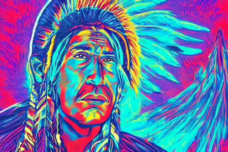 Image similar to digital art of a spiritual native american man looking up at the stars, acrylic art, universe, painting, pastel colors, synthwave, retro, cyberpunk,