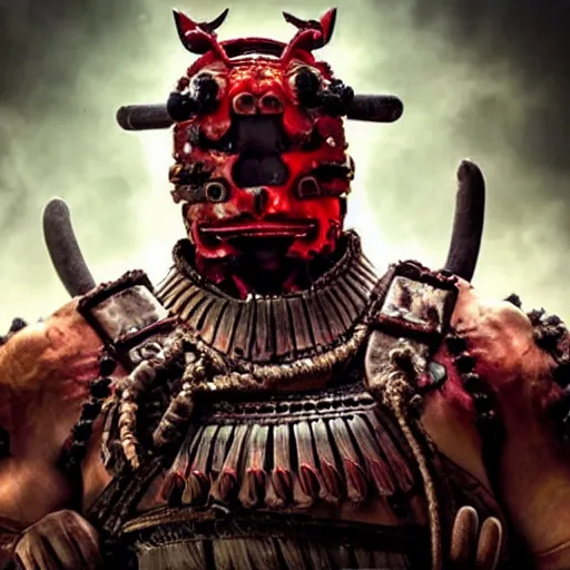 Image similar to big buff very strong very buff samurai wearing a cybernetic oni mask, hd movie still