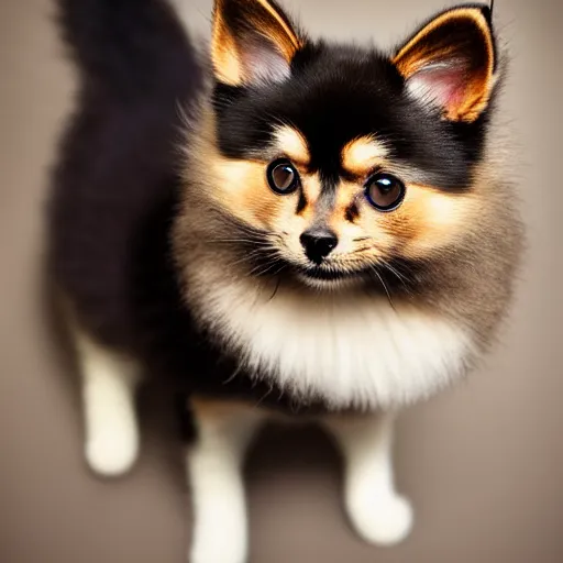 Prompt: a feline pomeranian - cat - hybrid, animal photography