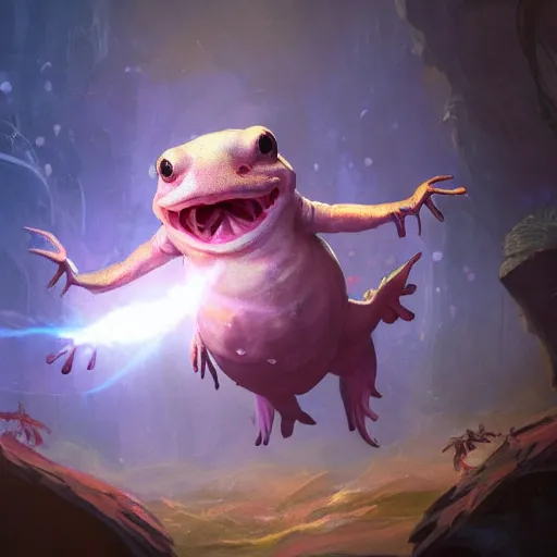 Prompt: Anthropomorphized Axolotl magician casting bright magic light spell, magic the gathering artwork, D&D, fantasy, cinematic lighting, centered, highly detailed, digital painting, artstation, concept art, smooth, sharp focus, illustration, volumetric lighting, 8k, art by Akihiko Yoshida and Greg Rutkowski