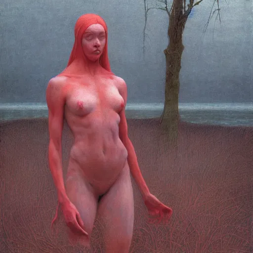 Prompt: portrait, shore of the lake, woman, wrapped around by veins, various clothes, glowing red, by edgar maxence and ross tran, zdzisław beksinski, and michael whelan, distant, gustav dore, h. r. giger, 8 k, octane render