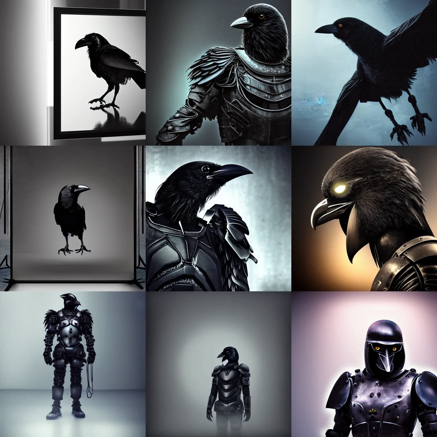 Prompt: crow in cyber armour, portrait, digital art, studio, realistic reflections, ominous lighting, photo real render