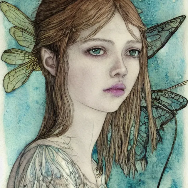 Image similar to a detailed, intricate watercolor and ink portrait illustration with fine lines of young 1 4 year old scarlett johannson as a fairy with dragonfly wings from her shoulders in a dress, by arthur rackham and edmund dulac and lisbeth zwerger