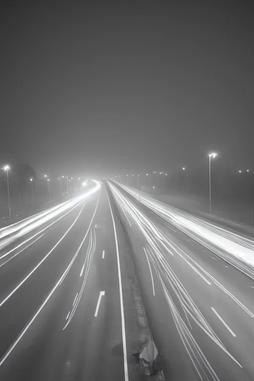 Image similar to long highway, lit by street lights, night, fog, award winning photography