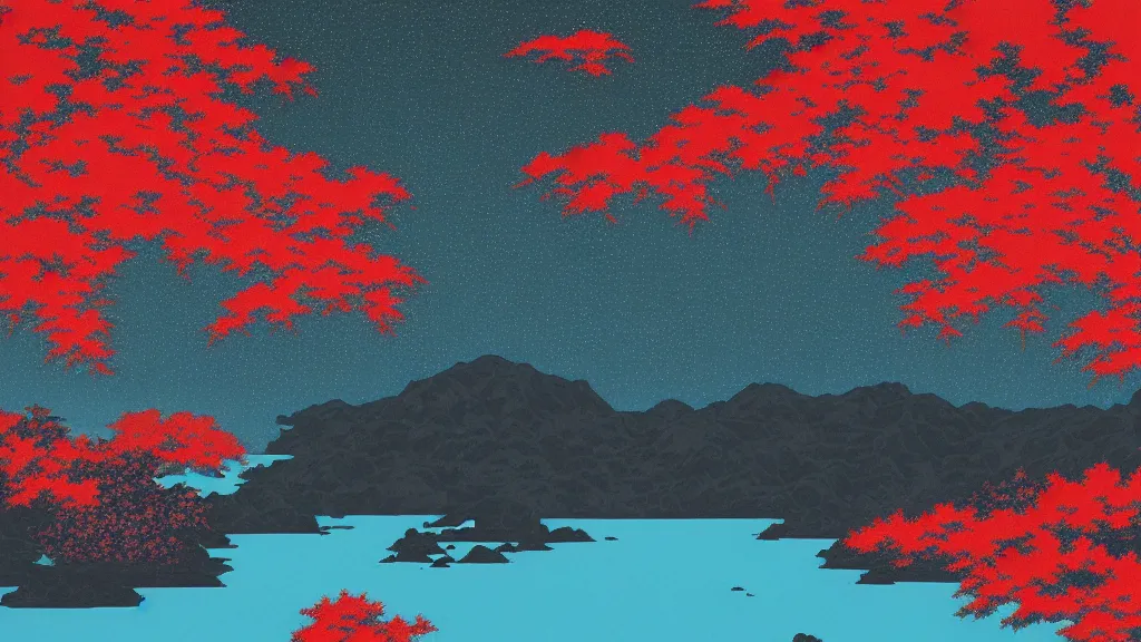 Prompt: I could see my own eyes had flecks of red, green, amber and blue, screen print by Kawase Hasui and dan hillier, 8k unreal engine