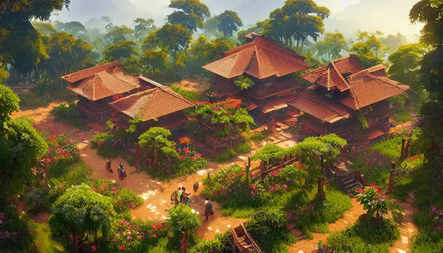 Image similar to a low poly isometric render of a kerala village, floral! intricate, elegant, highly detailed, digital painting, artstation, concept art, smooth, sharp focus, illustration, art by artgerm and greg rutkowski and alphonse mucha, horizon zero dawn 8 k