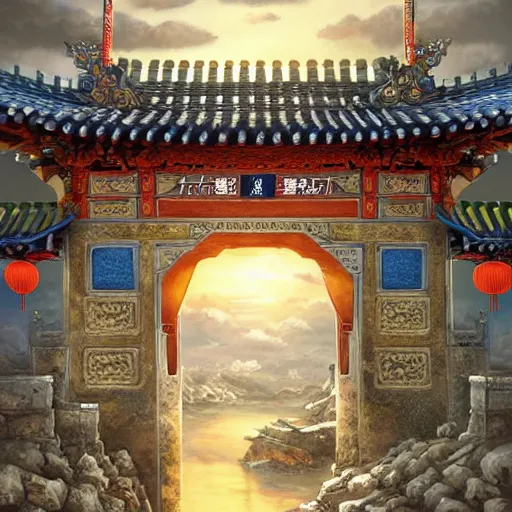 Image similar to dynamic composition, motion, ultra-detailed, incredibly detailed, a lot of details, amazing fine details and brush strokes, colorful and grayish palette, smooth, HD semirealistic anime CG concept art digital painting, watercolor oil painting of epic castle gate, from Three Kingdoms, by a Chinese artist at ArtStation, by Huang Guangjian, Fenghua Zhong, Ruan Jia, Xin Jin and Wei Chang. Realistic artwork of a Chinese videogame, gradients, gentle an harmonic grayish colors.