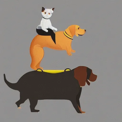 Prompt: tiny cat riding a labrador, cat on top of dog, concept art, artstation, trending on Instagram, Twitter, drawing