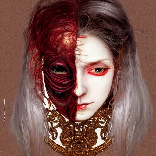 Image similar to portrait of a Shibari rope wrapped face and neck, headshot, insanely nice professional hair style, dramatic hair color, digital painting, of a old 15th century, old cyborg merchant, amber jewels, baroque, ornate clothing, scifi, realistic, hyperdetailed, chiaroscuro, concept art, art by Franz Hals and Jon Foster and Ayami Kojima and Amano and Karol Bak,