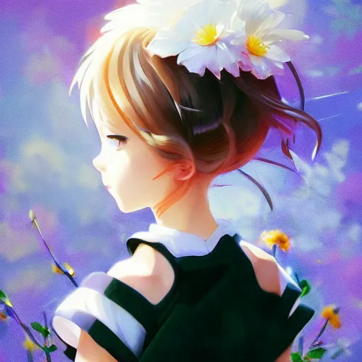 Prompt: little girl with flowers in hair wearing an white dress, art by ilya kuvshinov, profile picture, inspired in hirohiko araki, realistic, highly detailed, 8 0 s anime art style - n 9