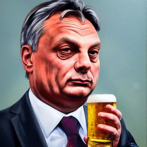 Prompt: viktor orban with a beer, anatomically correct, oil painting, hyper realistic, 8 k, highly detailed