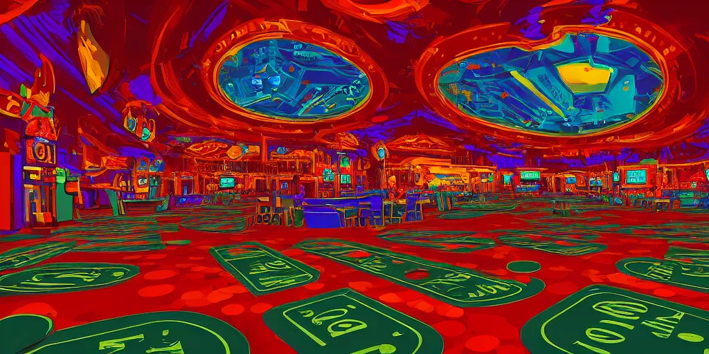 Image similar to extreme wide angle curly perspective digital art of indoor casino with a stage pale colors by anton fadeev from nightmare before christmas