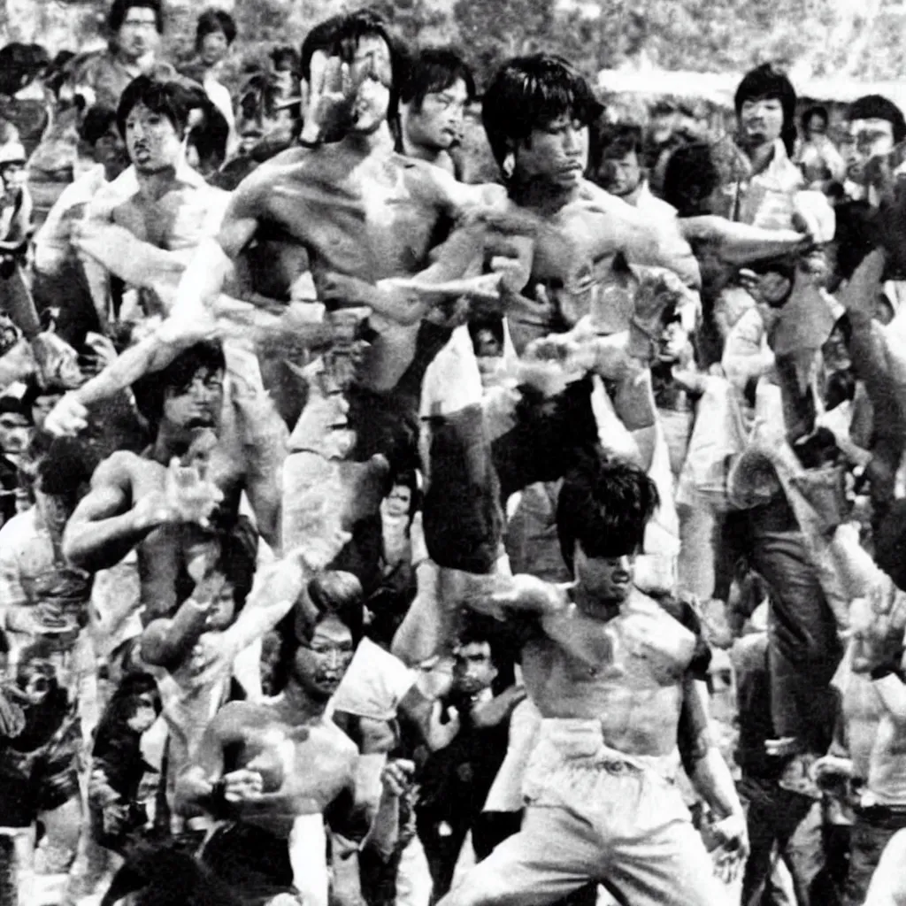 Image similar to nepali actor rajesh hamal fighting bruce lee in a historic old photograph