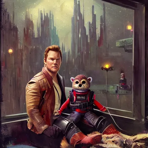 Image similar to the actor chris pratt as star lord sitting beside the doll chucky, disney land as backdrop, oil painting, by greg rutkowski