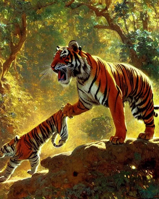 Image similar to tiger versus dove, enchanted forest, painting by gaston bussiere, craig mullins, j. c. leyendecker