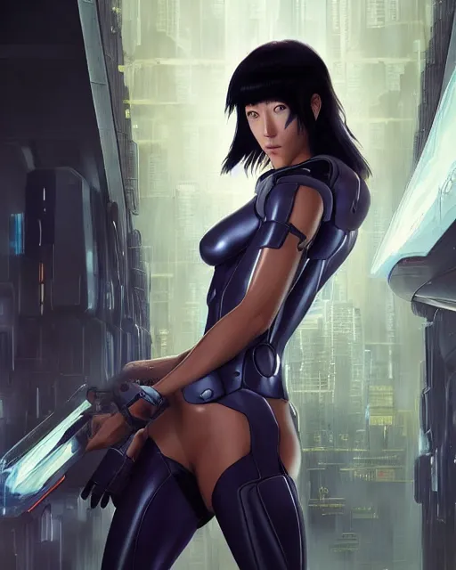 Image similar to weta disney pixar movie still portrait photo of motoko kusanagi ghost in the shell : : as cyborg woman by pixar : : by weta, wlop, ilya kuvshinov, rossdraws, artgerm, marvel, maxim cover, latex, octane render, sweaty, iridescent, bright morning, anime, liosh, mucha : :