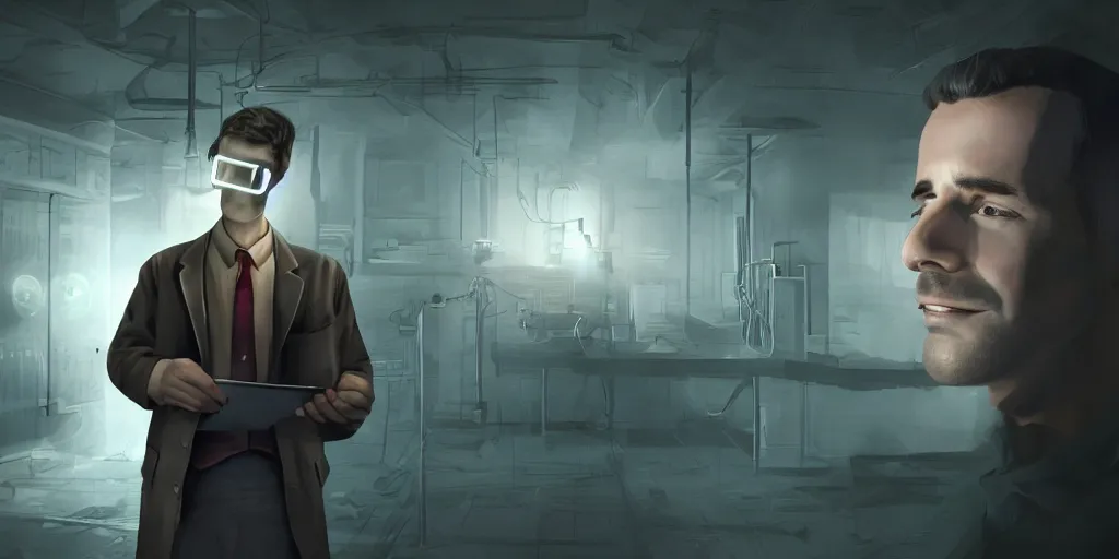 Prompt: scientist is holding a folder, he is in shock, dark building, the folder glows and lights up his face, professional lighting, 3 d digital modeling, movie scene, concept art, detailed art,