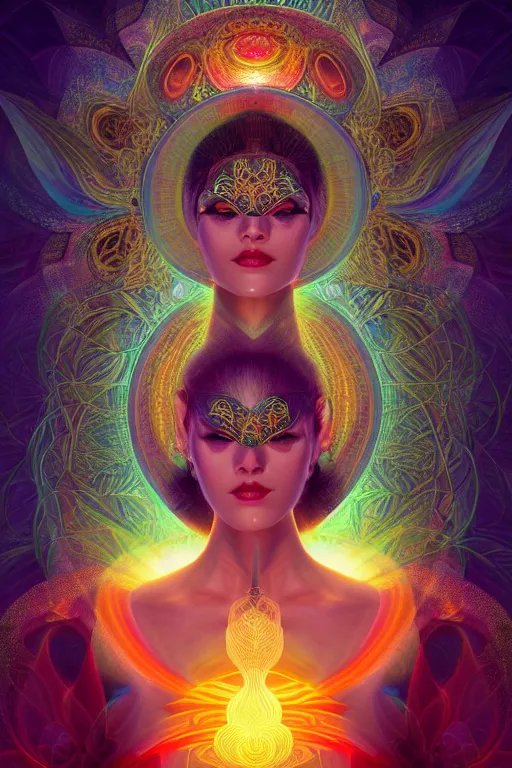 Image similar to a centered render of an alluring goddess wearing a psychedelic mask surrounded by a glorious sacred energy made from geometry and spiral mandel bulb fractals, powerful, cinematic, beautifully lit, by artgerm, by karol bak, 3 d, trending on artstation, octane render, 8 k