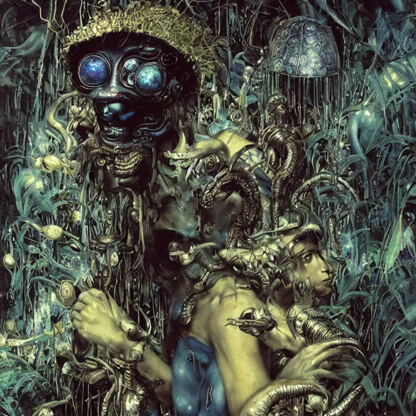 Prompt: a close - up neoclassicist portrait of a big - eyed alien boy with blue skin wearing an iridescent venetian carnival dragonfly mask surrounded by silver mushrooms in a jungle. reflective textures. glowing fog in the background. highly detailed fantasy science fiction painting by norman rockwell, frank frazetta, and syd mead. rich colors, high contrast, gloomy atmosphere, dark background. artstation