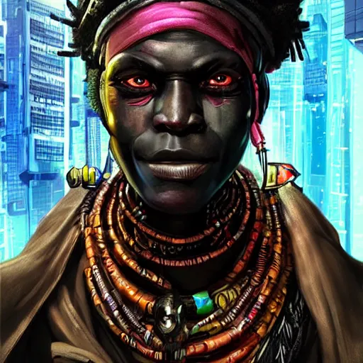 Prompt: a menacing cyberpunk voodoo haitian shaman, Apex Legends character digital illustration portrait design, by android jones, detailed, cinematic lighting, wide angle action dynamic portrait