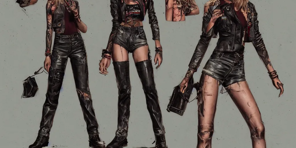 Prompt: portrait of halston sage as a tattooed wanderer pinup, wearing scratched and ripped leather shorts, wearing an aviator jacket, character sheet, fine details, concept design, contrast, kim jung gi, greg rutkowski, trending on artstation, 8 k, full body, turnaround, front view, back view, ultra wide angle