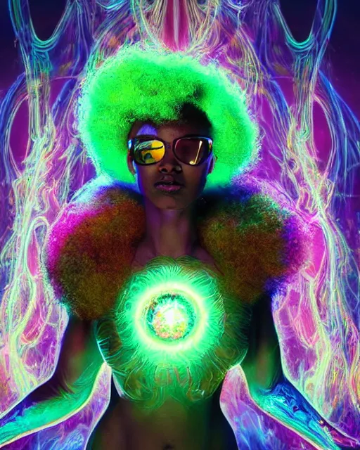 Image similar to a powerful energy psychedelic matrix afro american woman, by alexander fedosav, hyper detailed digital matte painting, concept art, hyperrealism, 1 6 k resolution, cinema 4 d, 8 k resolution, trending on artstation, behance hd, a masterpiece, by stephan martiniere, particles, cel - shaded, power bright neon energy, by david a. hardy