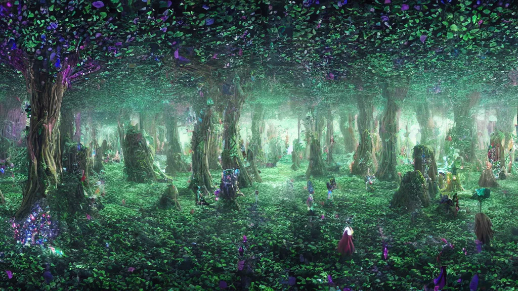 Prompt: 4k, acid trip, hall of mirrors, ultra detailed, a hyperrealistic image of a mycelium forest with fairies and pixies and birds