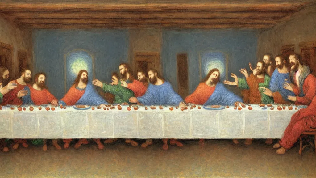 Image similar to the last supper in space in the style of claude monet, digital art.