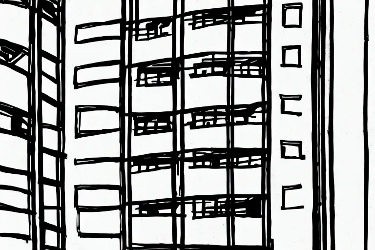 Prompt: a one line drawing of an urban balcony, solid background, black and white