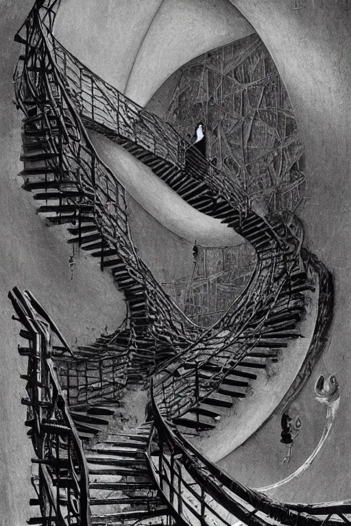 Image similar to stairs to nowhere nihilist discordian surreal collage made of by mc escher, walt disney, hr giger and beksinski. 8 k resolution. william s burroughs