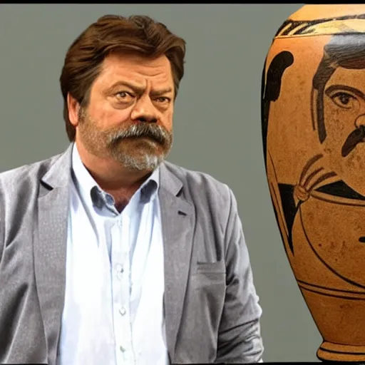 Prompt: antiques roadshow still of an ancient greek vase depicting ron swanson