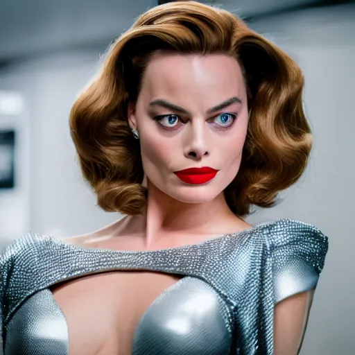 Image similar to Margot Robbie as Jessica Rabbit, still from a live action movie, 50mm, f2.8, panavision, cinematography