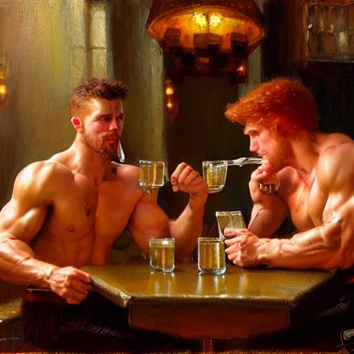 Prompt: attractive muscular mike with ginger hair with muscular attractive tyler with brunet hair, drinking their hearts out, in a pub. very defined and highly detailed painting by gaston bussiere, craig mullins, j. c. leyendecker 8 k