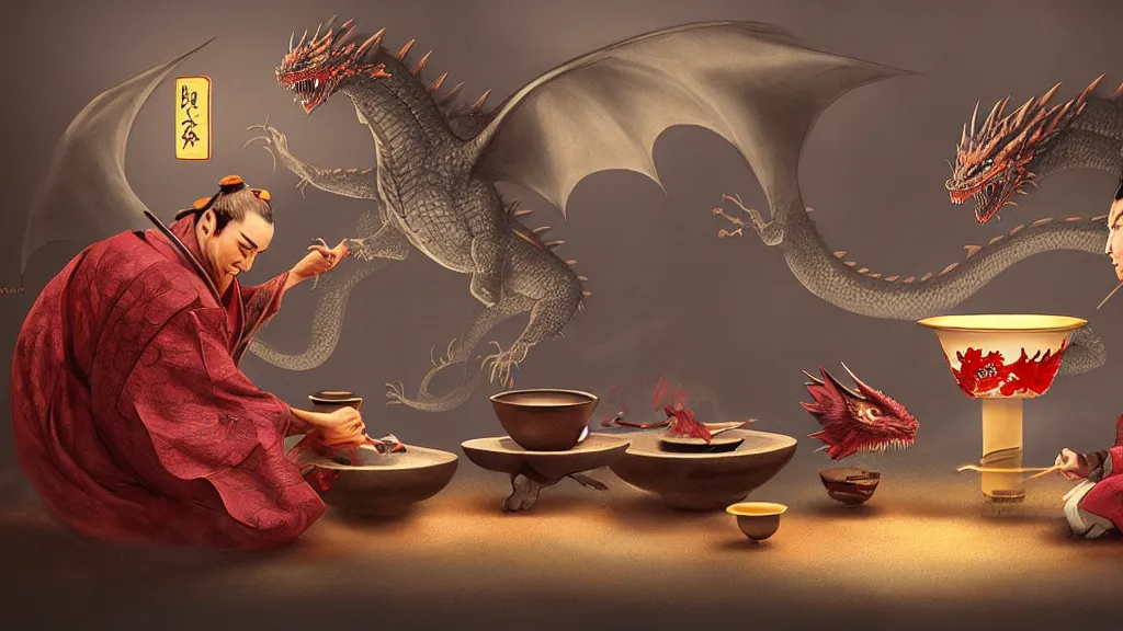 Prompt: Japanese tea ceremony between Billy the Kid and Drogon the dragon, fantasy concept art by Mark Winters